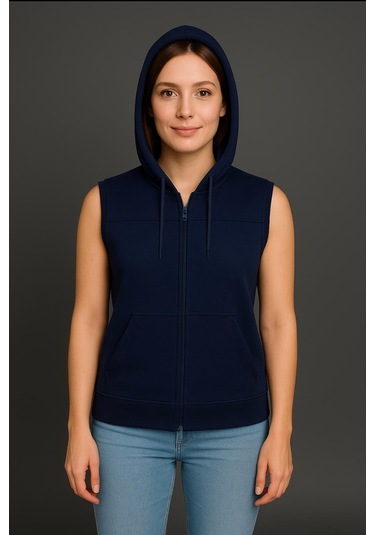 Axxel Kadın Lacivert Fermuarlı Kapüşonlu Kanguru Cepli Kolsuz Yelek-y1142-k Lacivert