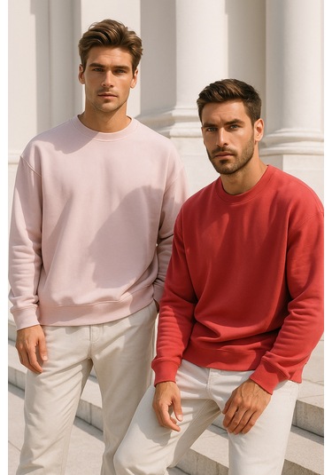 Rich Erkek 2'li Paket Nar Çiçeği - Pudra Bisiklet Yaka Scuba Basic Sweatshirt Pudra