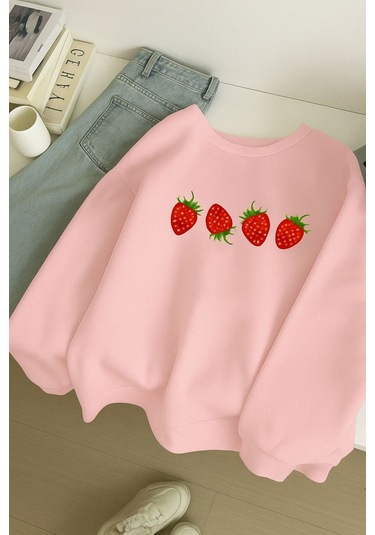 Benroma 3 İplik Penye Çilek Baskılı Unisex Sweatshırt Pembe
