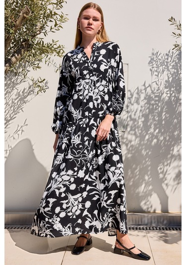 Bigdart Kadın Siyah Beyaz Viskon Tesettür Elbise 2423 001