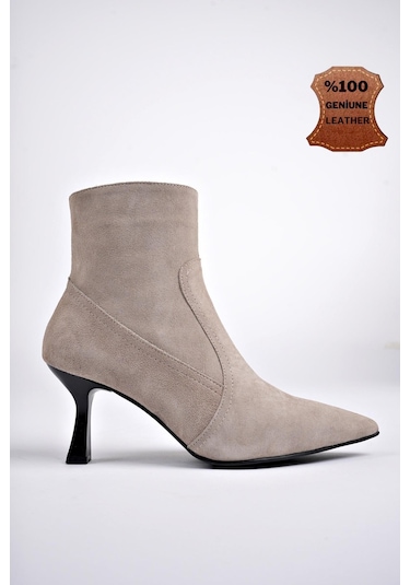 Muggo Natalie Garantili Hakiki Deri Sivri Burun Fermuarlı İnce Topuklu Kadın Bot Vizon Süet Vizon