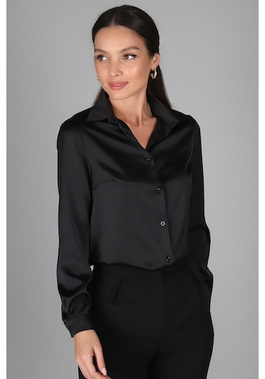 Sweetness Kadın Siyah Saten Gömlek Siyah