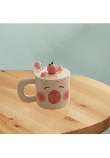 Novahub Bej Seramik Kapibara Kupa, 300-400ml, Ev & Otel İçin, Çay, Kahve, Süt Kupası, Pembe Pembe