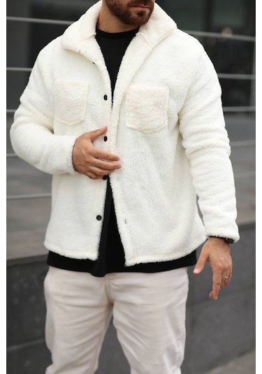 Sr Tekstil Pelüş Ceket Unisex Normal Kalıp Cep Detaylı Beyaz