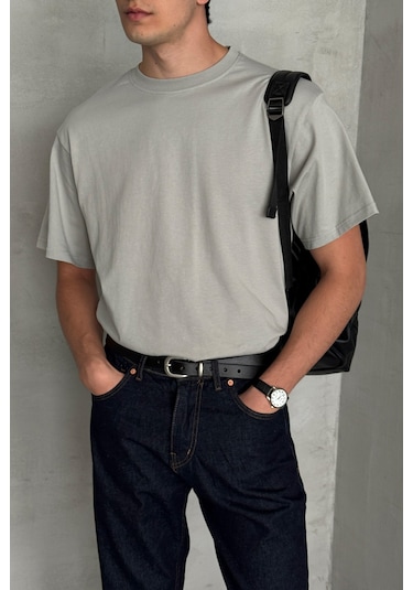 Hyman Erkek %100 Pamuk Oversize Basic T-shirt Gri