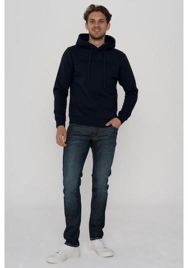 Jack & Jones Erkek Logo Baskili Kapüsonlu Sweatshirt - Luke 12214639 Navy Blazer Bej