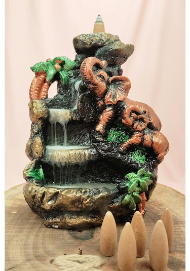 Buyuk Boy Fil Figürlü Biblo Model Geri Akış Şelale Tütsülük 5 Adet Koni Hediye