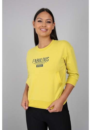 Baskılı Kanguru Cepli Yarım Kollu Sweatshirt Sarı