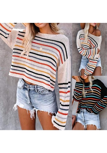 Kadın Uzun Kollu Günlük Düşük Omuz Örgü Kazak Renkli Çizgili Büyük Boy Kazak Üstler Siyah