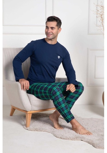 Mecit 3051 Erkek Lacivert Ekoseli Büyük Beden Pijama Takımı Lacivert