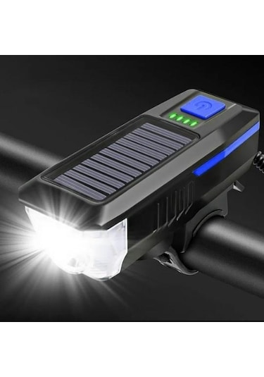 Güneş Enerjili Usb Şarjlı Bisiklet Lambası Solar Fener Ön Far Işık Aydınlatma Kornalı Mavi