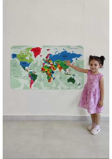 Türkçe Eğitici Ülke Ve Başkent Okyanus Detaylı Atlası Dünya Haritası Duvar Sticker -60x105-3840 Renkli