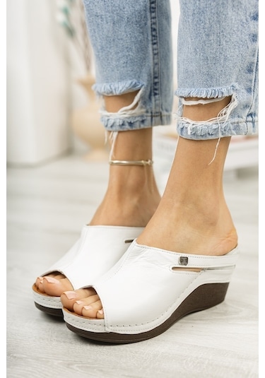 Hakiki Deri Dolgu Topuk Kadın Terlik