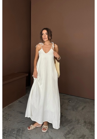 Askılı Uzun Salaş Müslin Elbise - Beyaz Beyaz