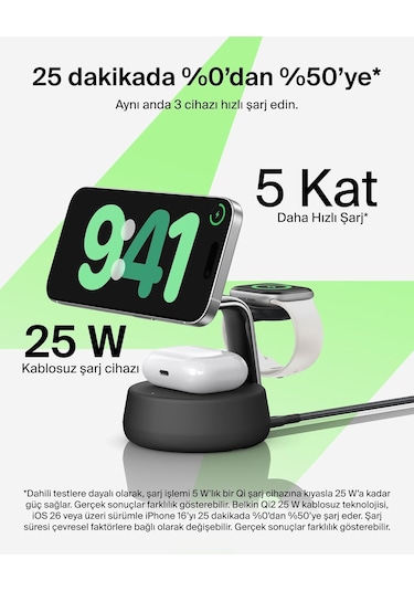 Belkin Ultracharge Pro Magsafe Uyumlu 3 Ü 1 Arada Qi2 25w Kablosu