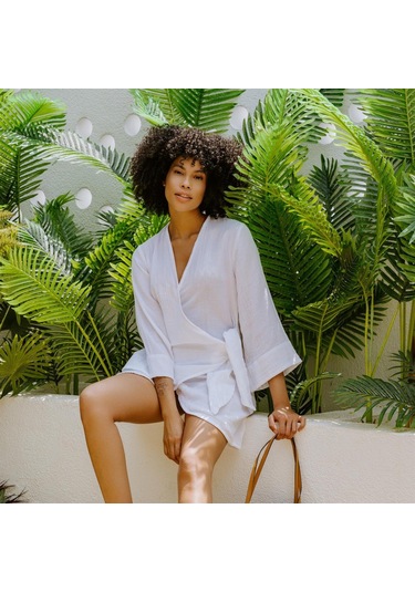 Pamuk Dokuma Kruvaze Kuşaklı Kadın Müslin Plaj Elbisesi - XS - S Beyaz