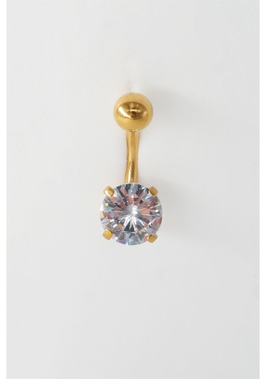 Kadın 316l Anti Alerjenik Topcuklu Oval Baget Zirkon Taşlı Göbek Piercing - Altın