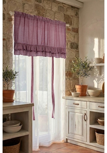 Country Style Potlu Perde Çift Fırfırlı Bordo