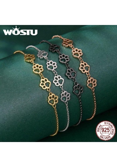 Wostu Sıcak Moda 925 Ayar Gümüş Paw Trail Köpek Hayvan Zinciri Ve Bağlantı Bilezikler Kadınlar Için Altın