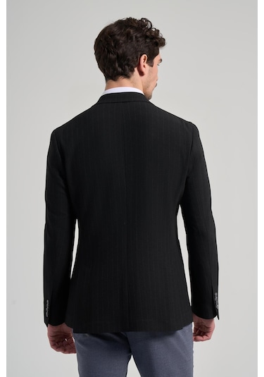 Çizgili Desen Gofreli Mono Yaka Esnek 6 Drop Slim Fit Ceket 1002250122 Siyah