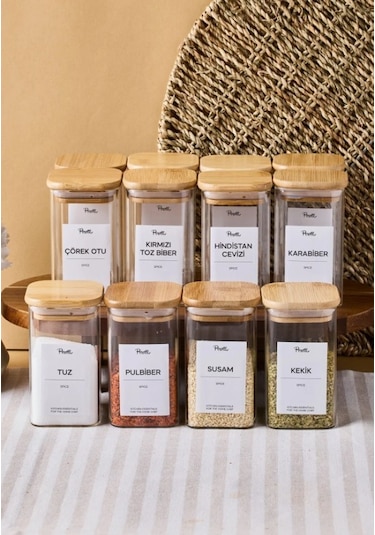 Gildo 12'li Bambu Kapak Borosilikat Cam Baharatlık 250ml 10x6cm+30etiket 16530 Şeffaf