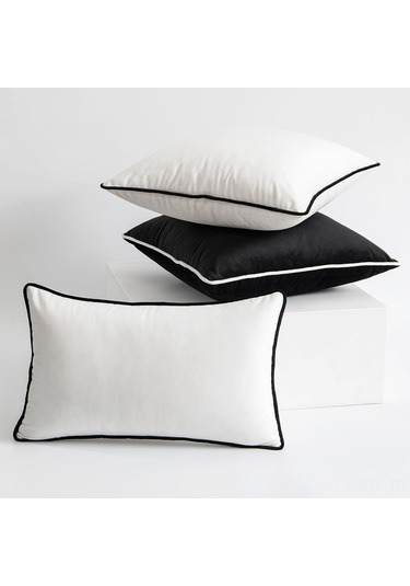 Youmex Koyu Siyah Beyaz Kenarlı Kadife İpli Detaylı Modern Minimalist Ev Dekoru Yastık Kılıfı - 45x45 Cm, Yastık Yok Oturma Odası,样板房 Kullanıma Uygun Siyah Beyaz