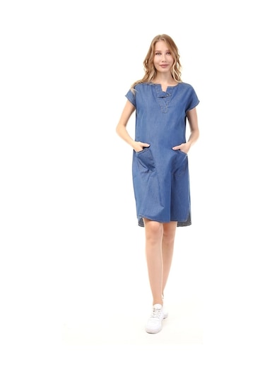 Luvmabelly Myra5020 - Hamile Elbisesi Kot V Yaka - Mavi-mavi