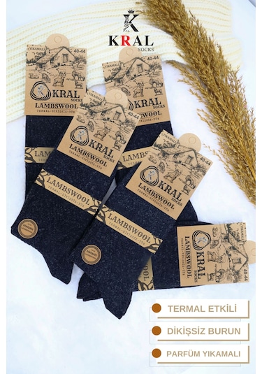 Kral Socks Erkek Kışlık Termal Etkili 5'li Paket Lambswool Kuzu Yün Çorap Siyah