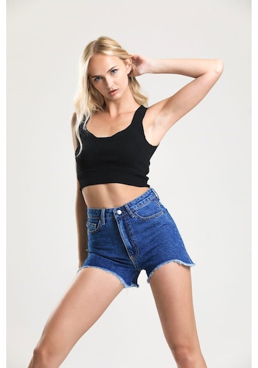 Pass&Pass 2050 Kadın Püsküllü Paça Jeans Denim Kot Şort Mavi