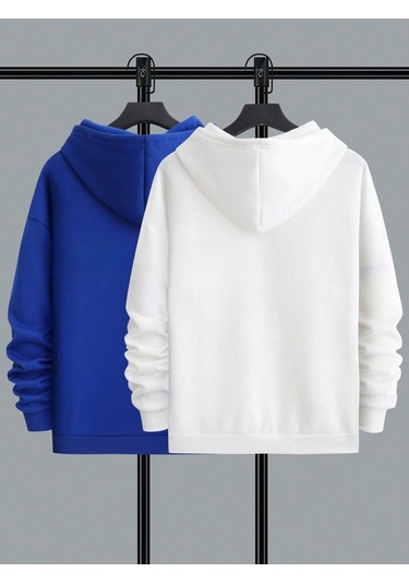 2'li Still Freedom Kalın Kışlık Sweatshirt - Beyaz Sax Mavi Baskılı Oversize Kapüşonlu Beyaz Sax Mavi