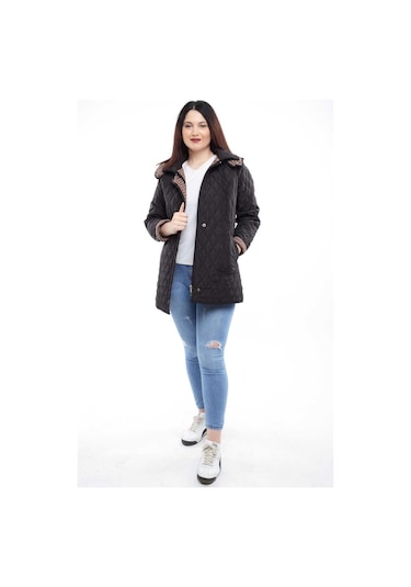 Kadın Ekose Baharlık Kapitone Mont Siyah Büyük Beden Çok Renkli