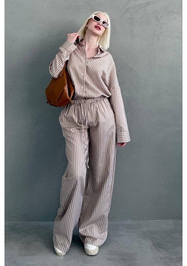 Madmext Camel Çizgili Gömlek Pantolon Kadın Takım Mg2457 Camel