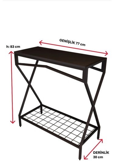 Metal Dresuar Siyah Ahşap Raflı Stand Çok Amaçlı Salon & Hol Rafı Siyah