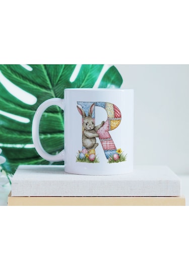 R Harfli Tavşan Kupa - Patchwork / Yamalı Desenli İsme Özel Kupa - Pastel Vintage Tarz Hediyelik 07 Beyaz