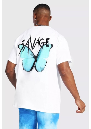 Erkek Beyaz Oversize Savage Butterfly Baskılı T-shirt Beyaz-65951