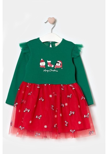 Kız Çocuk Snowman And Penguın Tüllü Yılbaşı Elbise Nbk-24915 Yeşil