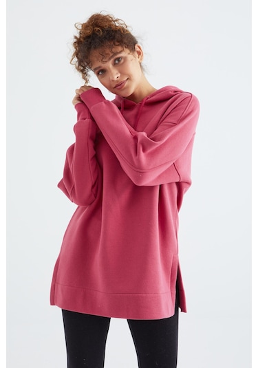 Tommy Life Yaban Gülü Reglan Kol Basic Kapüşonlu Oversize Sweatshirt Sweatshirt Tunik - 97242 Pembe