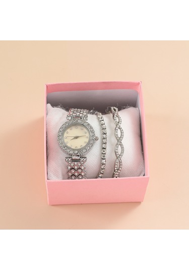 Elmaslarla Süslenmiş Yeni Şık Çelik Bant, Küçük Yuvarlak Yapay Elmas Ölçeği, Sade Kadın Saat Seti Gümüş + Bilezik + Kutu Diğer