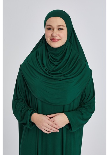 Pratik Başörtülü Rahat Giyilebilen Organik Tek Parça Namaz Elbisesi Zümrüt Zümrüt Yeşili
