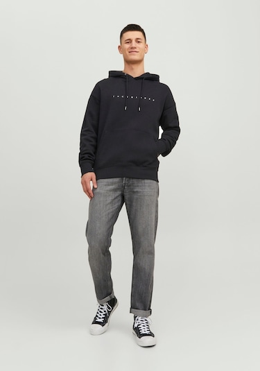 Jack & Jones Kabartma Baskılı Kapüşonlu Sweatshirt - Star 12233972 Black Koyu Siyah