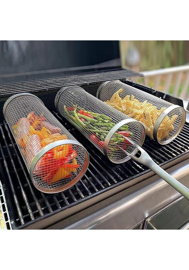 Moveevo 20cm Çelik Döner Barbekü Sepeti, Gıda Seviyesi Paslanmaz Çelik, Toplu Pişirme, Lavabo Uyumlu, Taşınabilir Bbq Aleti Çok Renkli