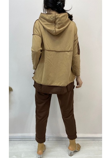 The İstanbul Kadın Kahve Kapşonlu Etek Ucu Detay Arma Ters Dikiş Gorunumlu Ikili Takım Sütlü Kahve