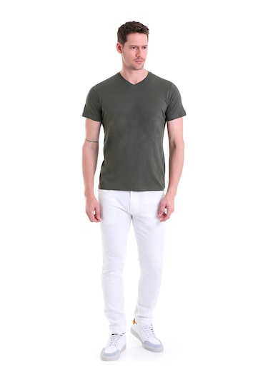 Hatemoğlu Haki Düz Slim Fit 100% Pamuk V Yaka Tişört Haki