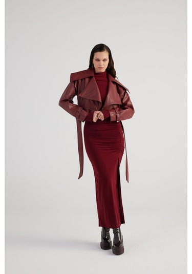 Holly Lolly Crop Model Astarlı Kemerli Neeko Deri Ceket Bordo