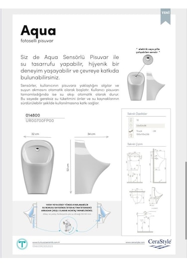 Turkuaz Seramik Cerastyle Aqua Fotoselli Pisuar