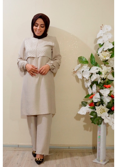 Deryam Tekstil Kadın Sofya Keten Tunik Pantolon Takımı Krem 46 Beden Krem