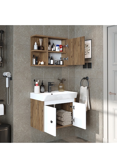Lavabolu Mat Suntalam 60 Cm Banyo Dolabı + Aynalı Üst Dolabı Atlantik Çam - Beyaz