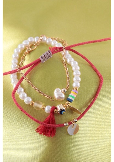 3lü Nazar Boncuklu İncili Püsküllü Asansörlü Lastikli Kırmızı İp Bileklik. Kadın İp Bileklik Halhal Çok Renkli