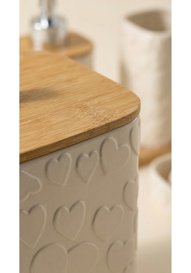 Makri Home Desenli 7 Parça Bambu Kapaklı Ve Aksesuarlı Banyo Seti Beyaz