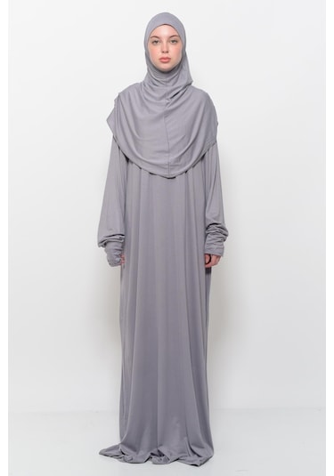 Pratik Tek Parça Pamuklu Yarasa Kollu Tak Çıkar Başörtülü Tesettür Namaz Elbisesi Gri Çok Renkli